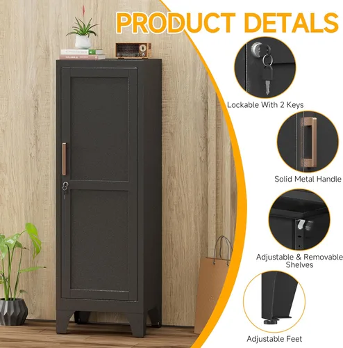 Vista 4 de Armario de metal negro de 46 pulgadas de alto con 1 puerta con cerradura y 2 estantes ajustables para empleados, armario de almacenamiento pequeño