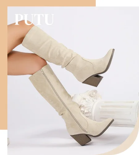 Vista 4 de Putu Botas altas hasta la rodilla para mujer, botas altas de gamuza Beige