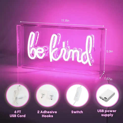 Vista 4 de Señal de Neón "Be Kind", Caja de Luz de Escritorio "Be Kind" de USB LED con Interruptor de ENCENDIDO/APAGADO, Letrero de Neón 3D Iluminado