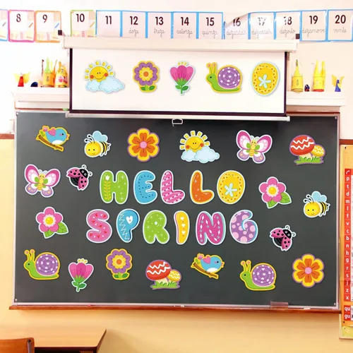 Vista 5 de Hello Spring - Recortes de flores de primavera, decoración de tablón de anuncios con 100 puntos de pegamento para escuela, aula, juegos, suministros