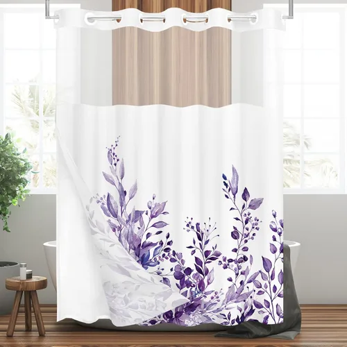 Vista 120 de Tititex - Juego de cortinas de ducha de eucalipto negro, hojas de acuarela gris en la parte superior, con decoración floral de baño, 60 x 72