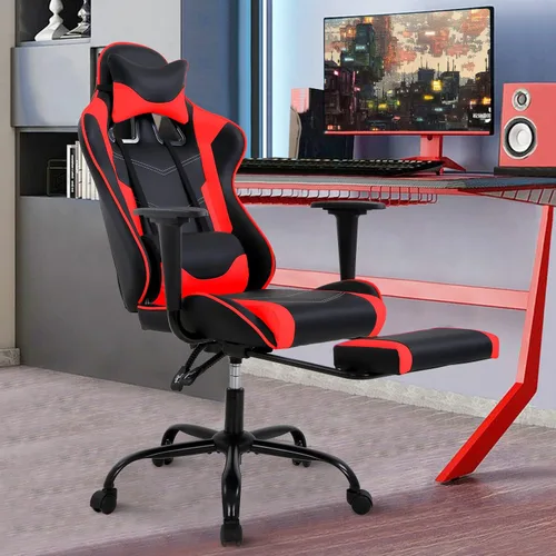 Vista 9 de Silla para videojuegos, silla reclinable de piel sintética con soporte lumbar, reposacabezas y respaldo alto, silla de oficina de carreras, silla