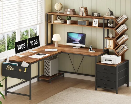 Vista 8 de YOMILUVE Escritorio para computadora de 52 pulgadas con estantería, 3