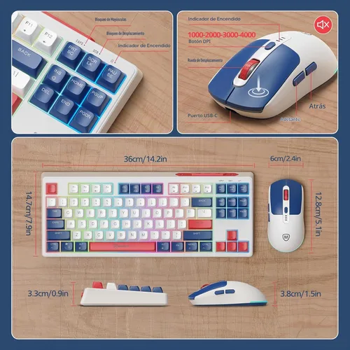 Vista 5 de Combo de teclado y mouse inalámbricos 2.4G, juego de mouse con retroiluminación RGB para Windows, Android y MacOS, teclado estético con dongle USB