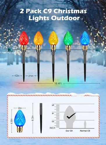 Vista 2 de Brightown Paquete de 2 Luces de Sendero Navideñas C9 de Fresa para Exteriores - Total 34.8 Pies 20 Luces LED de Sendero Navideño, Luces de Navidad