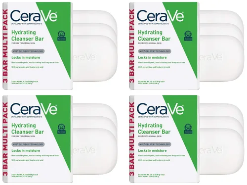 Vista 9 de Barra de Limpieza Hidratante CeraVe, Limpiador Corporal y Facial Sin Jabón con 5% Crema Hidratante, Sin Fragancia, Paquete de 3, 4.5 Onzas Cada Una