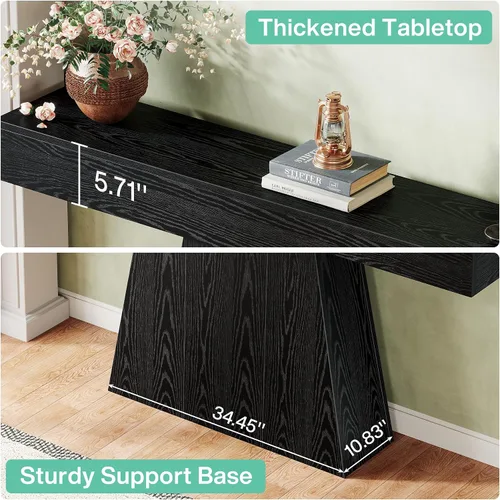 Vista 8 de Tribesigns Mesa consola negra de 63 pulgadas, mesa de entrada de granja con base trapezoidal, mesa de sofá estrecha y larga de madera detrás