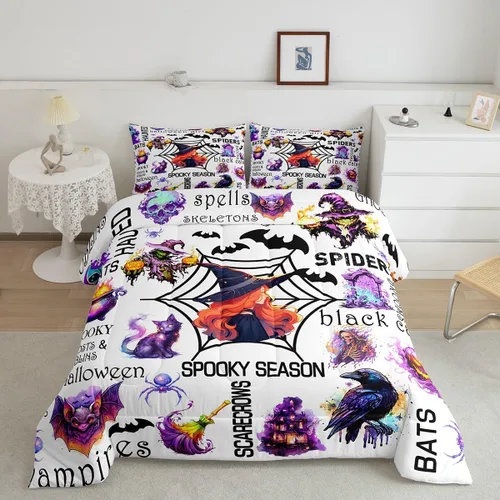Vista 29 de Feelyou Juego de edredón de Halloween, color rosa fantasma, juego de ropa de cama tamaño individual, decoración para niños y niñas, lindo juego