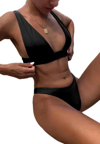 Vista 7 de HAILTH Conjunto de bikini para mujer, traje de baño de dos piezas con cuello en V, parte superior triangular con cintura alta, sexy, traje de baño