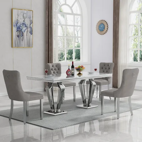 Vista 20 de HomVent - Juego de mesa de comedor de mármol sintético de 68 pulgadas con 4 sillas de terciopelo para cocina Modern Rectangular Faux Marble