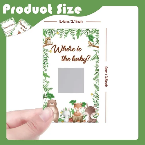 Vista 2 de Juego de rascar para baby shower, 50 tarjetas con el tema ¿Dónde está el bebé? Juegos YoungFun con adorables animales del bosque para revelaciones
