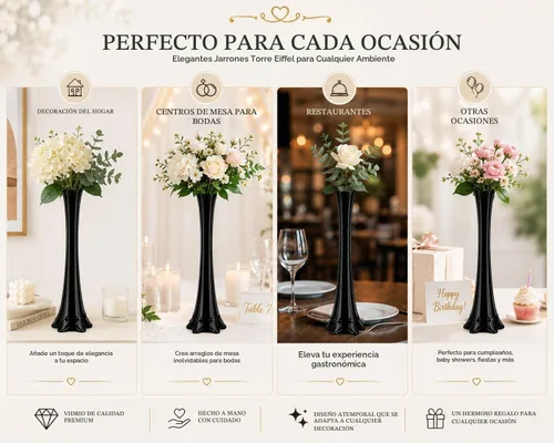 Vista 4 de pack de 12, jarrones de la Torre Eiffel para centro de mesa, flores, bodas, decoración. (40,6 cm, negro)