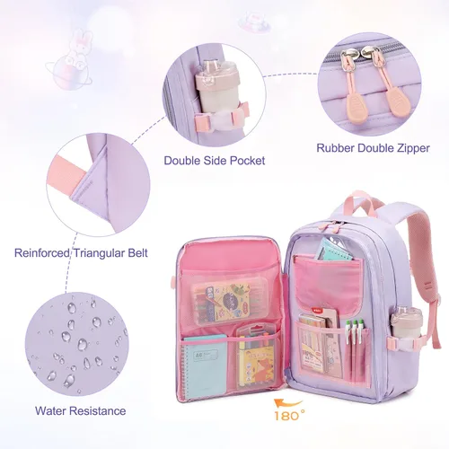 Vista 3 de Juego de mochila para niñas, mochila infantil para niñas, mochila escolar Kawaii Bunny para niña, jardín de infantes, primaria, preescolar, Púrpura