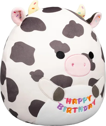 Vista 2 de Squishmallows Cartel original de 12 pulgadas de Colin the Cow Holding "Happy Birthday" – Peluche oficial de Jazwares (tamaño mediano)