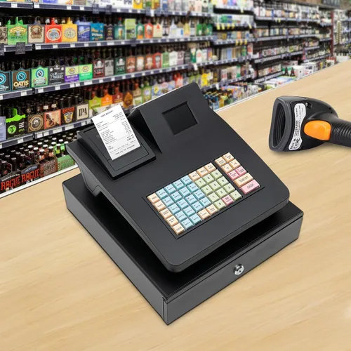 Vista 5 de Caja registradora electrónica 48Keys Registro Negro Caja de supermercado Quiosco Retail Pos Sistema Caja Registradora 8 Pantalla LED Digital Caja