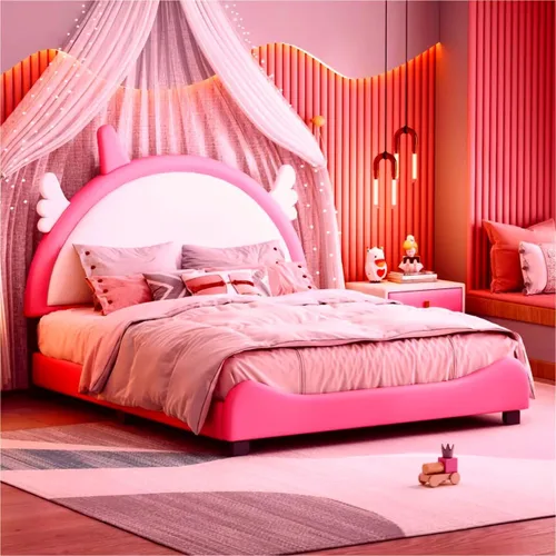 Vista 19 de Cama de plataforma, base de cama tapizada de cuero con cabecera de adorno de conejo, ideal para el dormitorio o apartamento de un niño