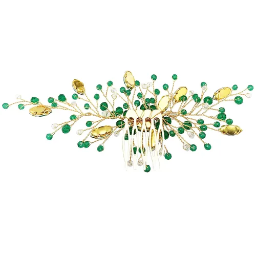 Vista 5 de Peine de pelo de novia de cristal verde dorado para novia, accesorios para mujeres y niñas, fotografía de fiesta (verde)