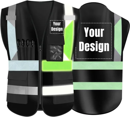 Vista 20 de Chaleco de seguridad de alta visibilidad Personaliza tu logotipo chaleco de seguridad protector, Negro