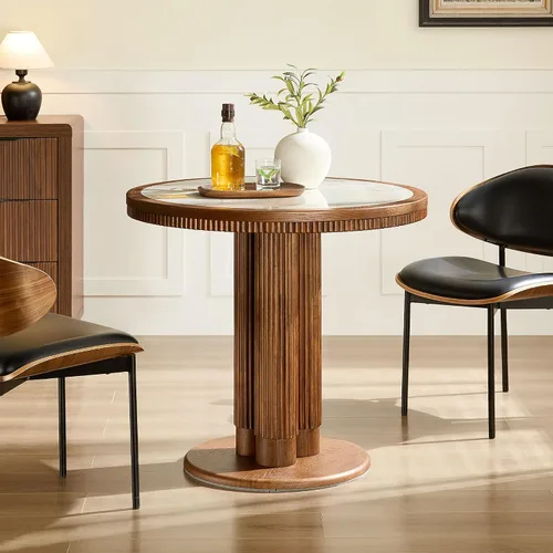 Vista 4 de JUSTONE Mesa de comedor redonda de 47.2'' para 4 personas, mesa de cocina moderna de madera con diseño de rejilla circular base de pedestal, mesa