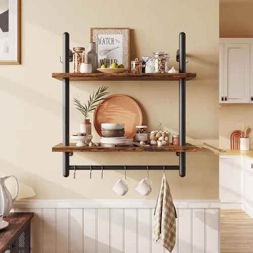 Vista 5 de Bestier Estantes de cocina flotantes para montar en la pared, estantes colgantes de almacenamiento con toallero para baño, paquete de 2 y 3 niveles