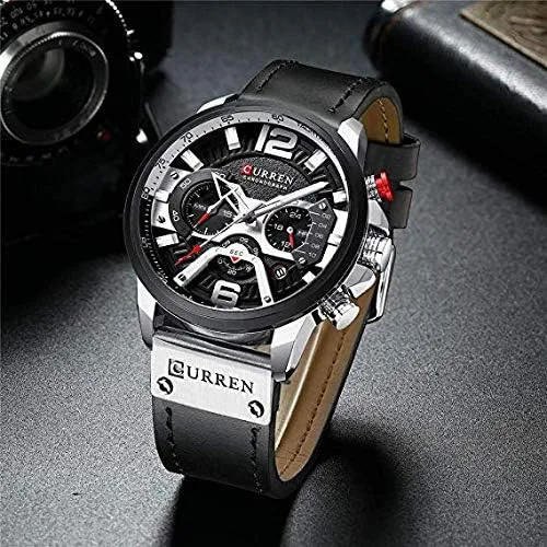 Vista 3 de CURREN Watches Men Quartz Leather Chronograph Watch and Fashion Bracelet Set Analog Watches for Men Luxury Wristwatch Gifts for Dad Boyfriend