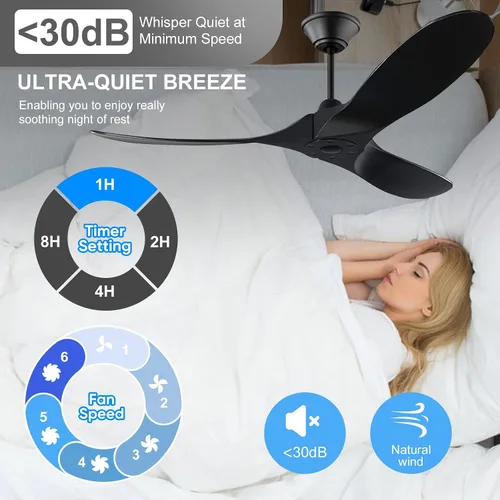 Vista 4 de Ventilador de techo negro sin luz, 52 pulgadas, moderno, para interiores y exteriores, 3 aspas, a prueba de humedad, ventilador de techo de madera