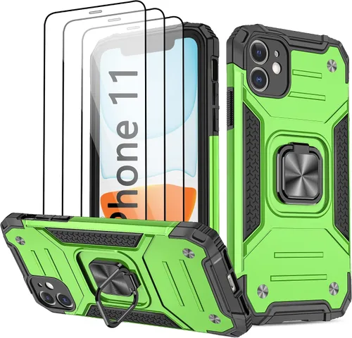 Vista 10 de Funda para iPhone 11, para iPhone 11 con 3 protectores de pantalla de vidrio templado, anillo magnético integrado de grado militar con soporte