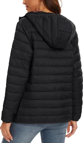 Vista 2 de MAGCOMSEN Chaqueta acolchada con capucha para mujer, ligera, acolchada, con 4 bolsillos, con cremallera, ropa cálida para invierno