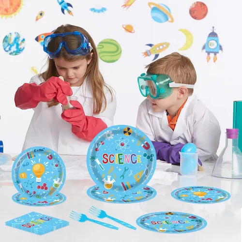 Vista 3 de Platos de cumpleaños de ciencia de 96 piezas, suministros y decoraciones para fiestas de ciencia