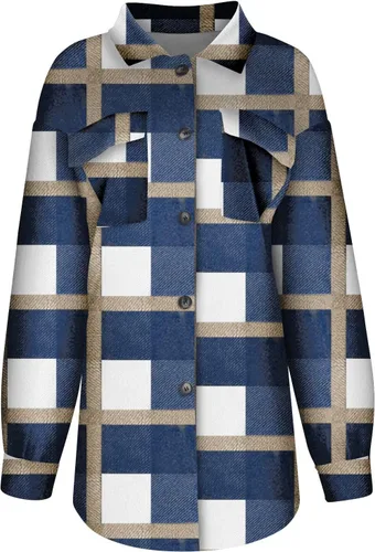 Vista 7 de Chaqueta de franela a cuadros para mujer, manga larga, mezcla de lana, chaquetas de otoño con botones en el pecho, bolsillos en el pecho, trajes