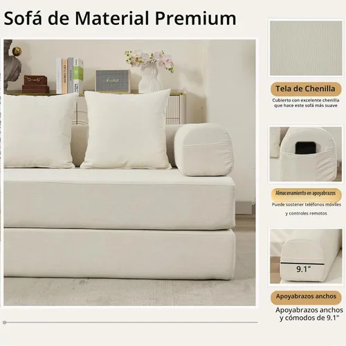 Vista 6 de Sofá cama convertible 4 en 1 de 79 pulgadas, sofás sin hueso, cama plegable de felpilla con cama extraíble, futón de suelo, sofá biplaza modular