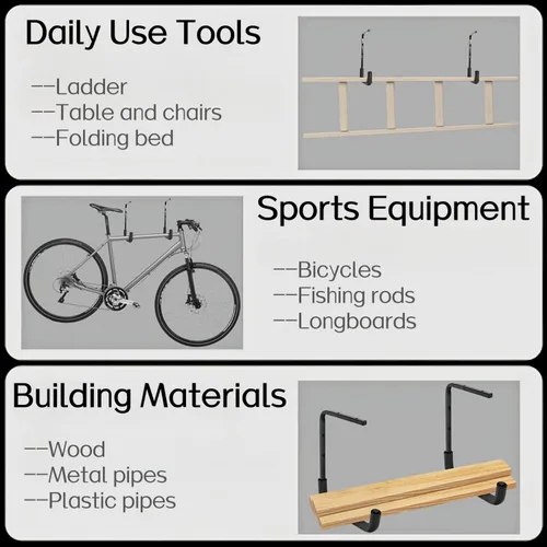 Vista 5 de 4 ganchos de garaje montados en el techo, estante de almacenamiento de garaje superior, perchas de escalera para herramientas de bicicleta de madera