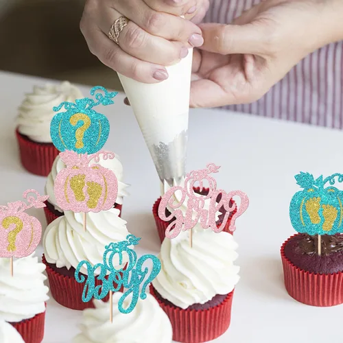 Vista 5 de Paquete de 24 adornos para cupcakes de calabaza para niños o niñas, con purpurina para revelación de género, calabaza, pies de bebé, para baby