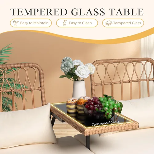 Vista 5 de PROHIKER Muebles de Patio Exterior Sofá de Amor de Ratán de 2 Asientos con Mesa Integrada, Almohadas Lumbares y Cojines, Sofá de Amor de Mimbre