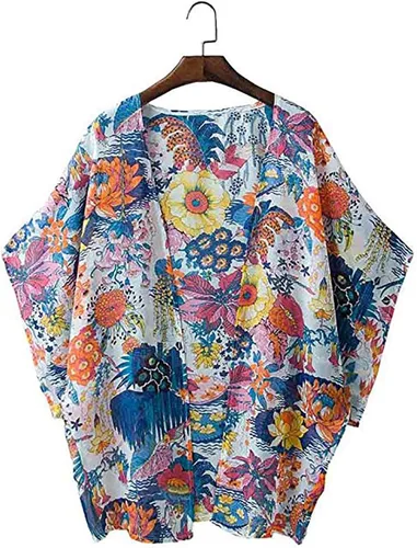 Vista 3 de Kimono suelto largo con estampado floral de estilo retro para mujer, niña, chamarra, abrigo, cárdigan, blusas