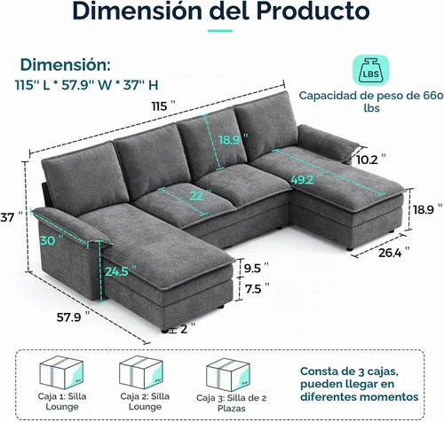 Vista 2 de LINSY HOME - Sofá seccional en forma de U tipo nube, sofás modulares de 115" con doble chaise lounge, juego de sofá de 4 plazas de chenilla
