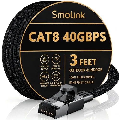 Vista 10 de Cable Ethernet Smolink de 1.5 pies, cable de red de alta velocidad Cat 8 de 40 Gbps, 2000 MHz, cable LAN SFTP RJ45 blindado de alta resistencia