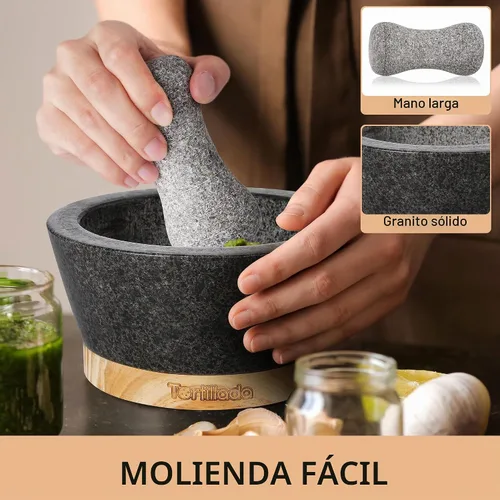 Vista 2 de Tortillada Juego de mortero y mortero de 6 pulgadas, grande, hecho de granito natural con base de madera antiarañazos, molinillo de hierbas