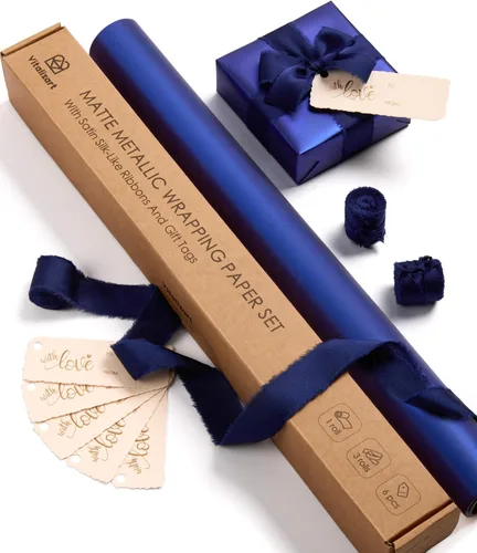 Vista 8 de Vitalizart Juego de papel de regalo metálico negro mate de 17 pulgadas con cinta de satén de seda y etiquetas de regalo, envoltura de regalos