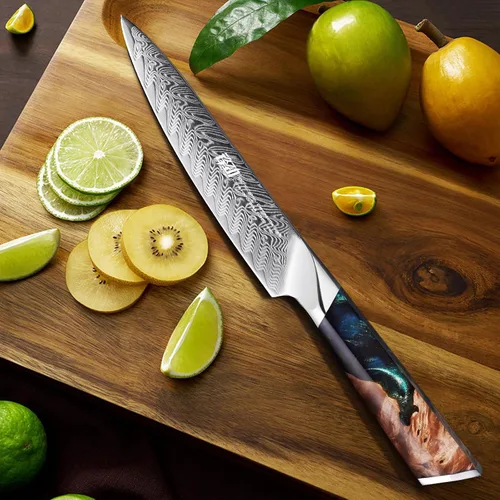 Vista 6 de FINDKING Nebula Series - Cuchillo de cocina con funda de ABS, cuchillo pequeño versátil, hoja de damasco 10Cr15CoMov, mango de resina y sicomoro Azul
