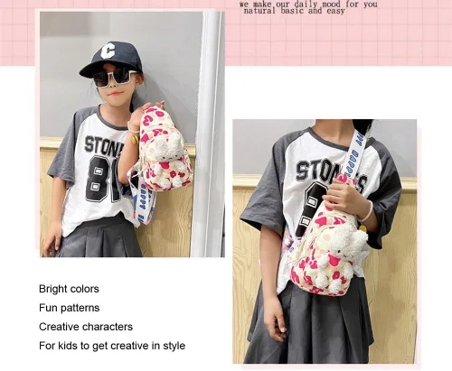 Vista 6 de Hiflyer Mochila bandolera para niños, mini bolso cruzado Kawaii para el pecho para niñas de viaje, Rosado, Pequeño, Mochilas Sling