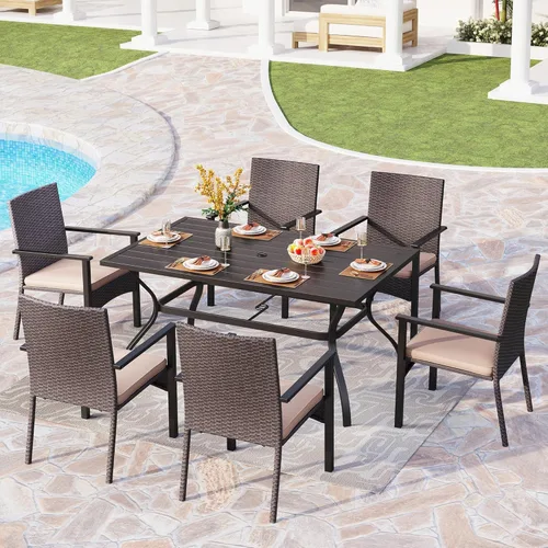 Vista 2 de PHI VILLA Juego de comedor al aire libre de 7 piezas para 6, mesa rectangular de hierro forjado de 152 cm con orificio para sombrilla y sillas