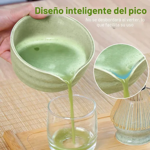 Vista 4 de Juego de batidor de matcha verde, kit de té japonés con batidor y cuchara de bambú, Chawan de cerámica con boquilla para ceremonia de té