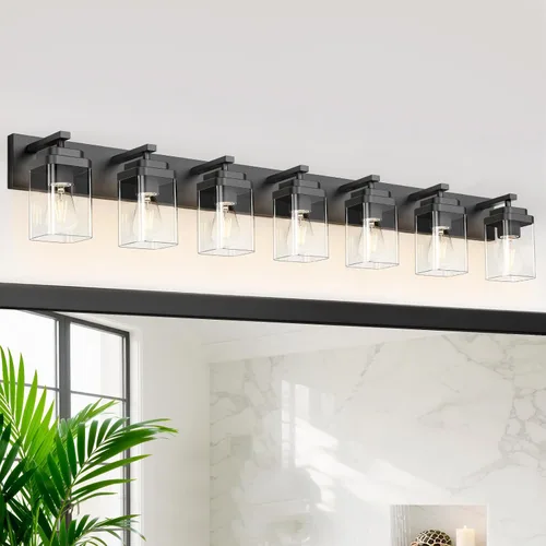Vista 24 de Lámparas de baño de oro cepillado, 4 luces de baño sobre el espejo, diseño cuadrado y placa trasera grande rectangular, accesorios de iluminación