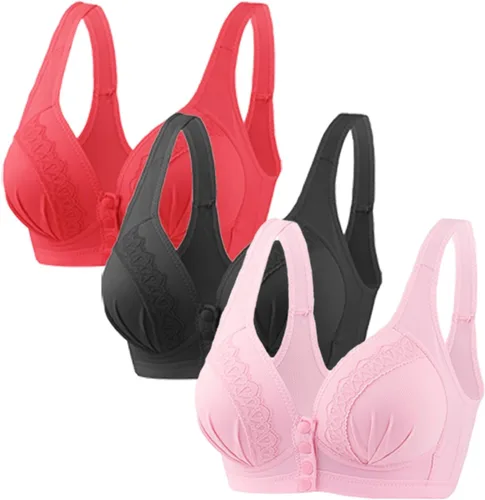 Vista 31 de Glamorette Snap Front Bra Older Women,Snap Front Bra, Sexy Lace Embroidered Bras,Pull-On Front Closure Button Bras 3 unidades de color negro.