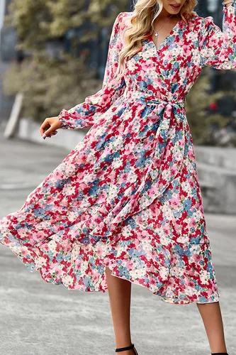 Vista 4 de PrettyGarden Vestido largo bohemio con estampado floral para mujer, manga larga, cuello en V cruzado, volantes, cinturón, acampanado, al tobillo