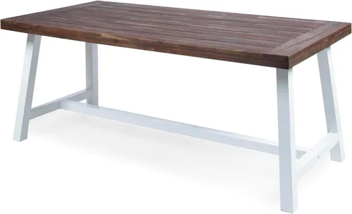 Vista 7 de Mesa de comedor de madera de chorro de arena marrón oscuro al aire libre con metal rústico blanco e