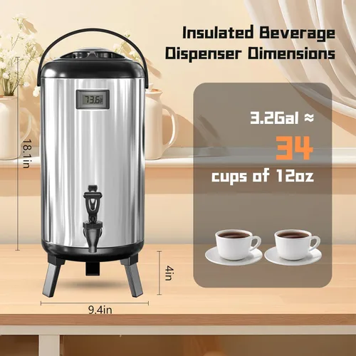 Vista 2 de Dispensador de bebidas aislado de 3.2 galones/12 L, dispensador de agua fría y caliente con canilla para café, jugo, té y leche, dispensador