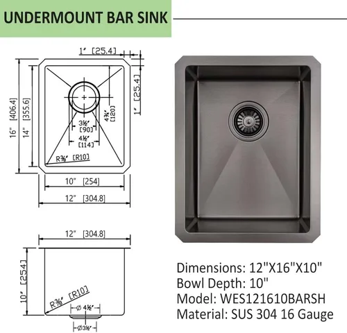 Vista 4 de Fregadero de barra negra de 12 pulgadas para montaje bajo montaje, fregadero de cocina pequeño de 12 x 16 pulgadas, fregadero de barra húmeda