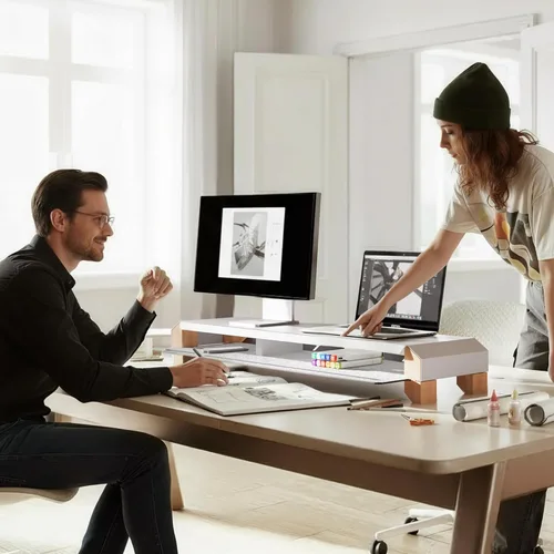 Vista 8 de Fenge Soporte de monitor para escritorio, elevador de monitor doble de 39 pulgadas para 2 monitores, estante de escritorio de madera maciza